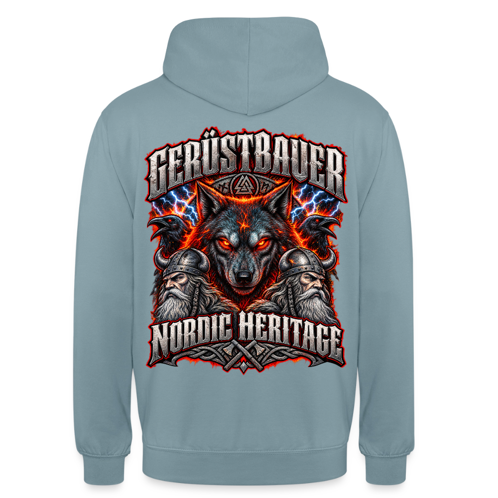 Gerüstbauer Nordic Heritage – Gerüstbauer Hoodie in Nebelblau, Rückendruck: Wolf vor Flammen und Blitzen, zwei Raben, Wikinger und Schriftzug „Nordic Heritage“
