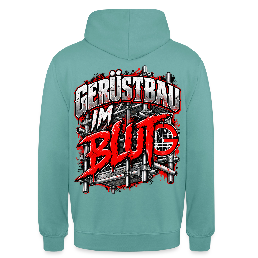 Gerüstbau im Blut – Gerüstbauer Hoodie in Pastelltürkis, Rückendruck: Schriftzug „Gerüstbau im Blut“ vor Gerüst mit rotem G-Zunftzeichen