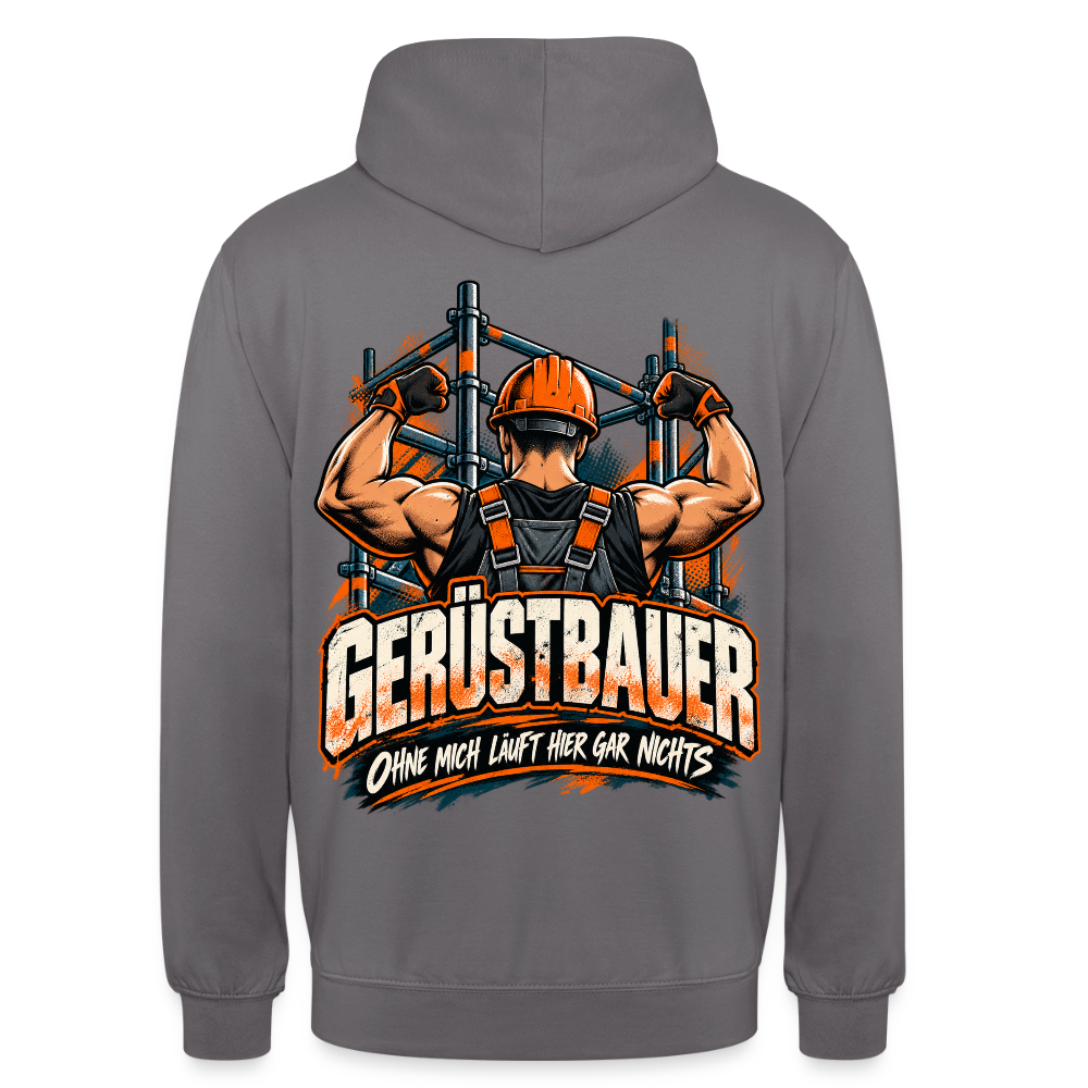 Gerüstbauer – Gerüstbauer Hoodie in Mittelgrau, Rückendruck: muskulöser Gerüstbauer mit Helm vor dem Gerüst, Spruch „Ohne mich läuft hier gar nichts“