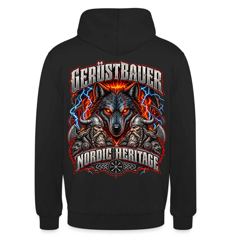 Gerüstbauer Nordic Heritage – Gerüstbauer Hoodie in Schwarz, Rückendruck: Wolf mit glühenden Augen, Blitze, zwei Wikinger und Schriftzug „Nordic Heritage“