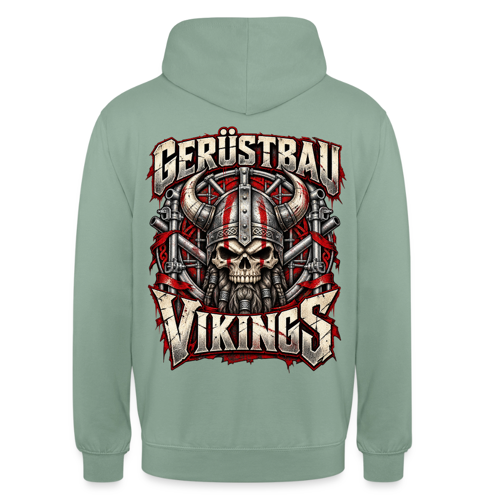 Gerüstbau Vikings – Gerüstbauer Hoodie in Graugrün, Rückendruck: Wikinger-Totenkopf mit Hörnerhelm vor Gerüst, Schriftzug „Gerüstbau Vikings“
