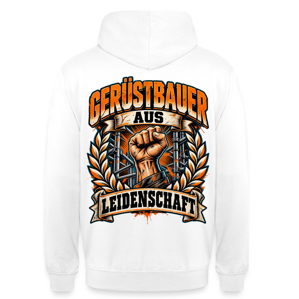 Gerüstbauer aus Leidenschaft – Gerüstbauer Hoodie in Weiß, Rückendruck: geballte Faust im Lorbeerkranz vor Gerüst, Schriftzug „Gerüstbauer aus Leidenschaft“
