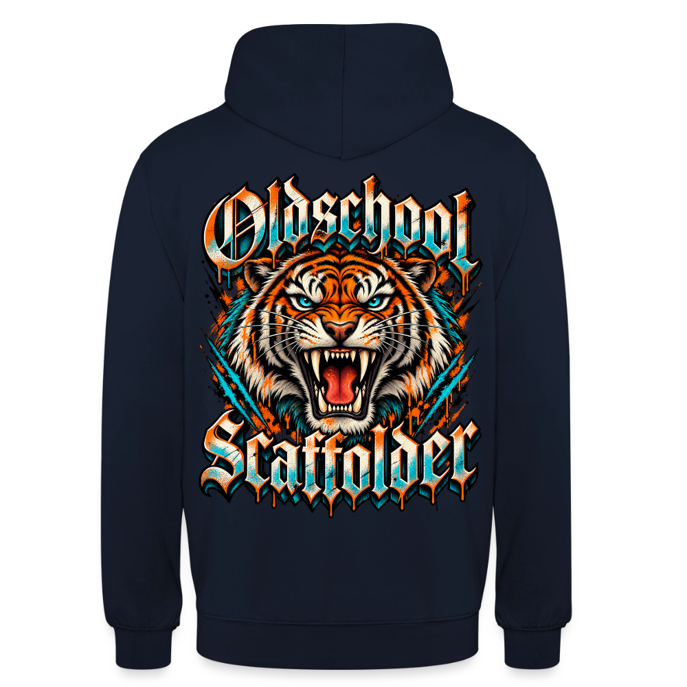 Oldschool Scaffolder – Gerüstbauer Hoodie in Navy, Rückendruck: brüllender Tiger, Frakturschrift „Oldschool Scaffolder“