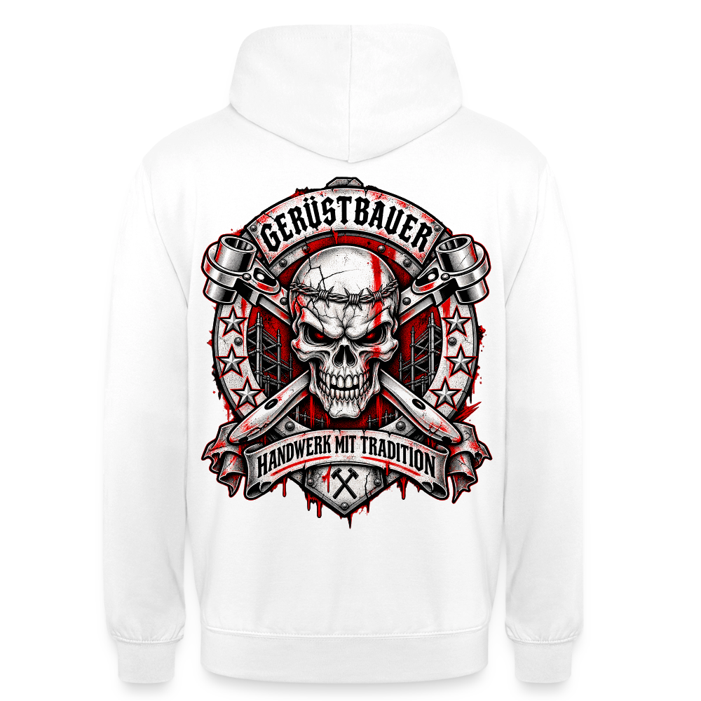 Gerüstbauer Traditions – Gerüstbauer Hoodie in Weiß, Rückendruck: Totenkopf-Wappen mit gekreuzten Ratschen, Sternen und Banner „Handwerk mit Tradition“