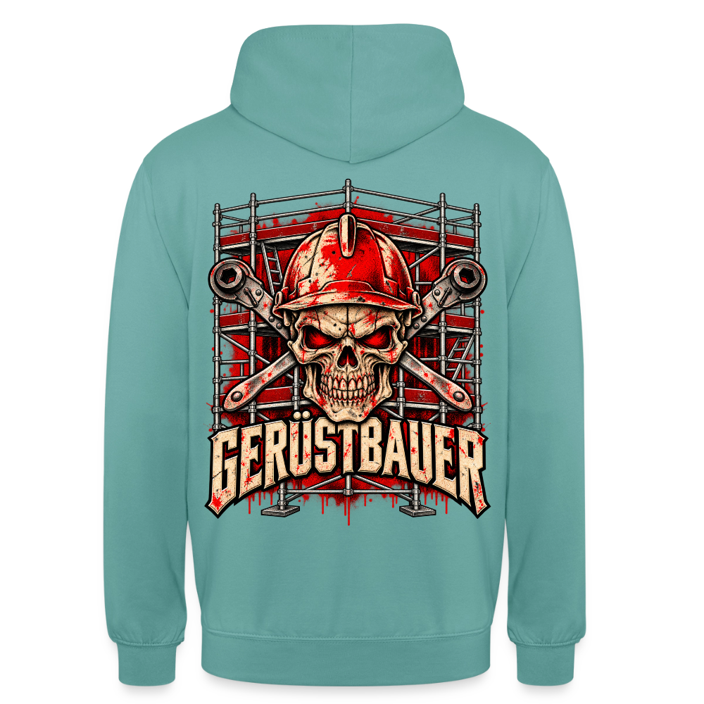 Gerüstbauer – Gerüstbauer Hoodie in Pastelltürkis, Rückendruck: Totenkopf mit rotem Schutzhelm vor gekreuzten Ringschlüsseln und Gerüst, Schriftzug „Gerüstbauer“
