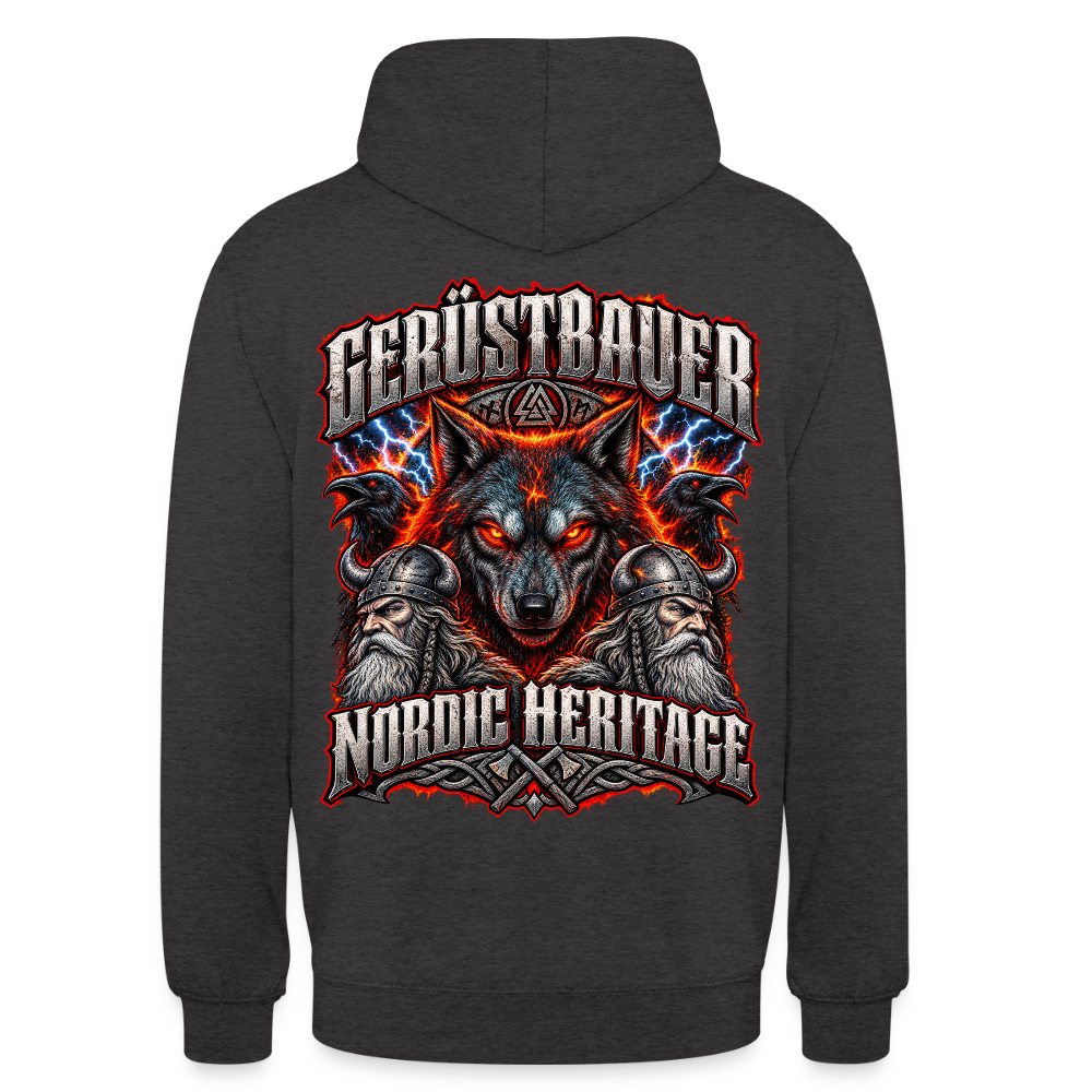 Gerüstbauer Nordic Heritage – Gerüstbauer Hoodie in Anthrazit, Rückendruck: Wolf vor Flammen und Blitzen, zwei Raben, Wikinger und Schriftzug „Nordic Heritage“