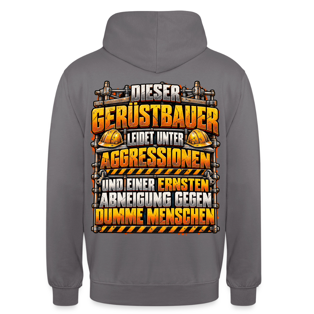 Dieser Gerüstbauer – Gerüstbauer Hoodie in Mittelgrau, Rückendruck: Spruch „Dieser Gerüstbauer leidet unter Aggressionen und einer ernsten Abneigung gegen dumme Menschen“ mit Helmen und Warnstreifen