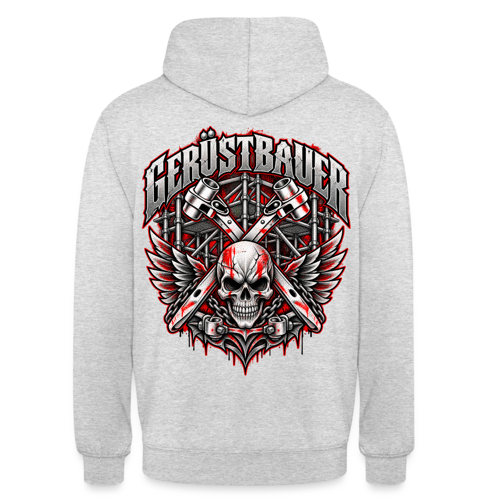 Gerüstbauer Ratsche Schädel – Gerüstbauer Hoodie in Hellgrau meliert, Rückendruck: geflügelter Totenkopf vor gekreuzten Ratschen und Gerüst, Schriftzug „Gerüstbauer“
