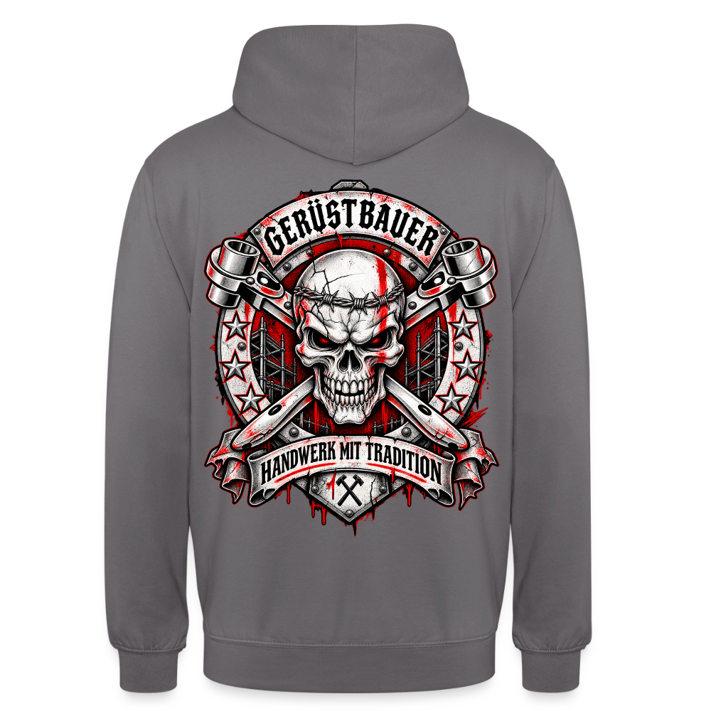 Gerüstbauer Traditions – Gerüstbauer Hoodie in Mittelgrau, Rückendruck: Totenkopf-Wappen mit gekreuzten Ratschen, Sternen und Banner „Handwerk mit Tradition“
