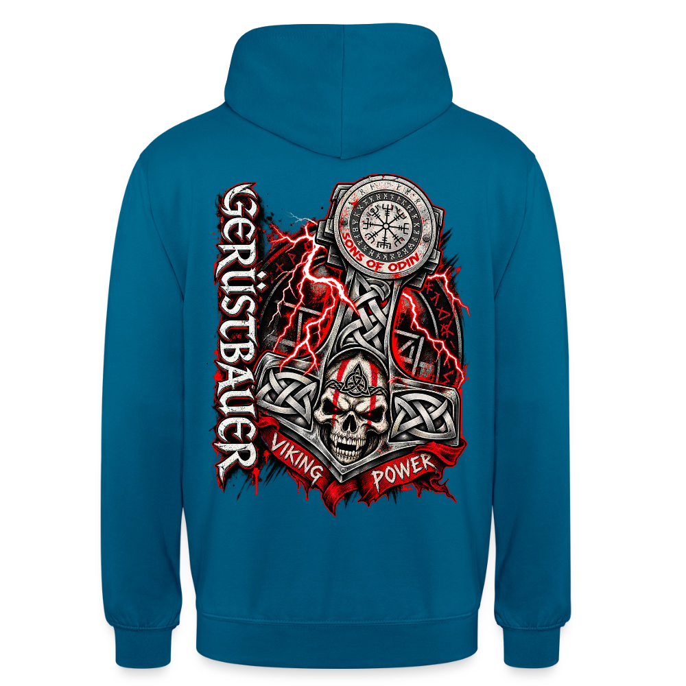 Gerüstbau Viking – Gerüstbauer Hoodie in Tiefseeblau, Rückendruck: Thors Hammer mit Totenkopf, Blitzen und Schriftzug „Viking Power“
