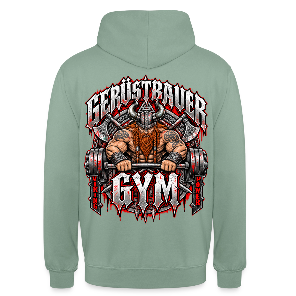 Gerüstbauer GYM – Gerüstbauer Hoodie in Graugrün, Rückendruck: muskulöser Wikinger beim Hantelheben, Schriftzug „Gerüstbauer GYM – Viking Power“