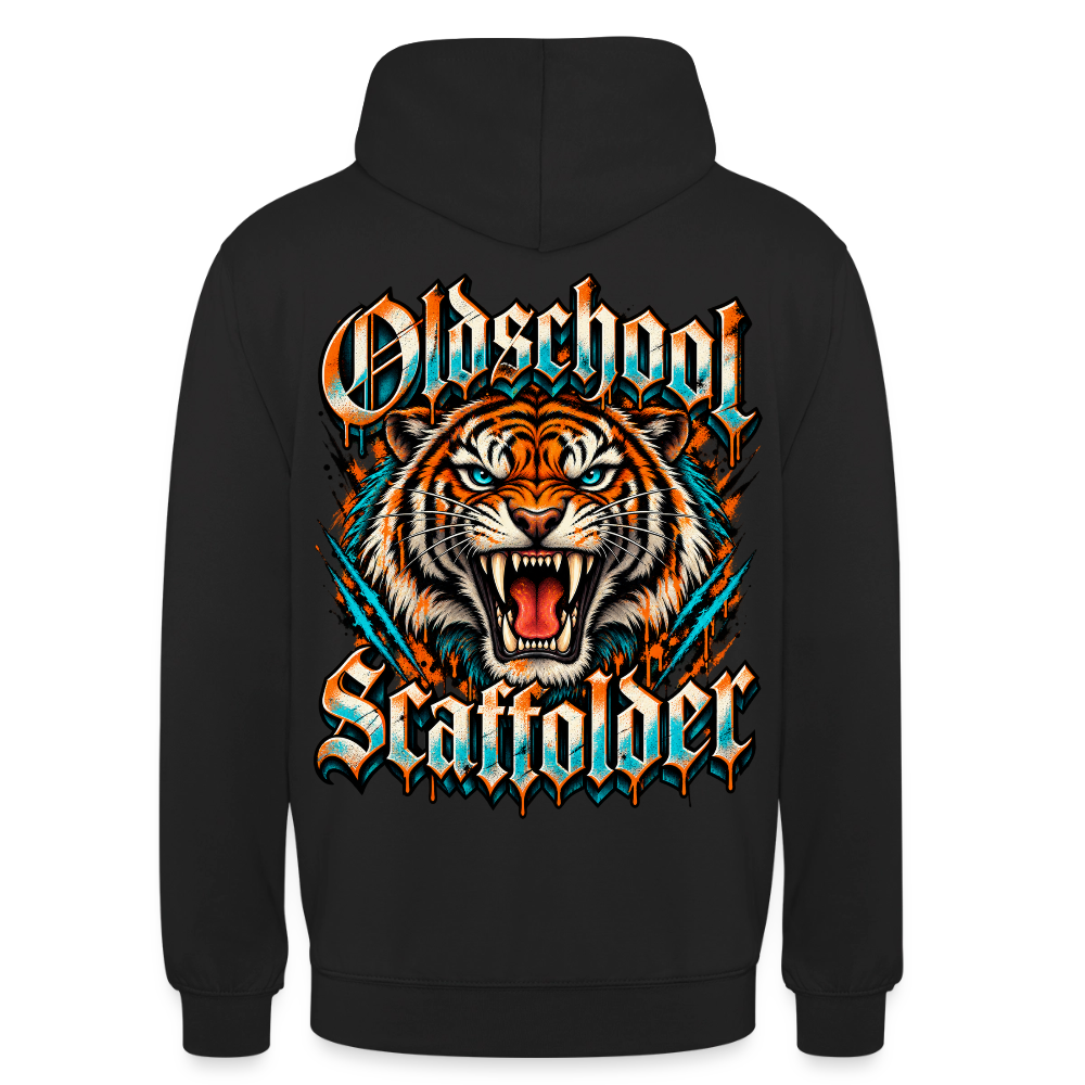 Oldschool Scaffolder – Gerüstbauer Hoodie in Schwarz, Rückendruck: brüllender Tiger, Frakturschrift „Oldschool Scaffolder“