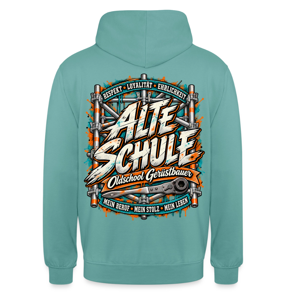Gerüstbauer Alte Schule – Gerüstbauer Hoodie in Pastelltürkis, Rückendruck: „Alte Schule – Oldschool Gerüstbauer“ mit Ratsche, „Respekt · Loyalität · Ehrlichkeit“