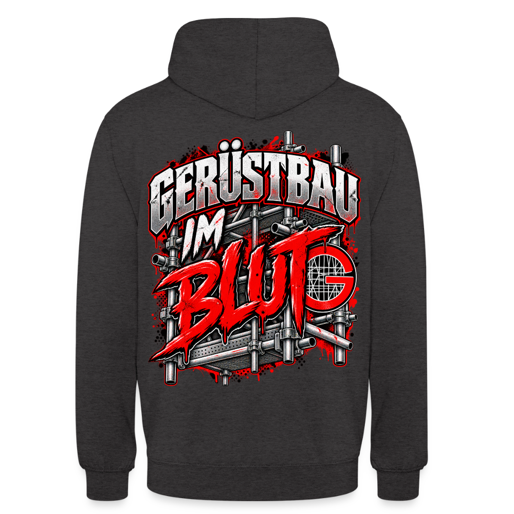 Gerüstbau im Blut – Gerüstbauer Hoodie in Anthrazit, Rückendruck: Schriftzug „Gerüstbau im Blut“ vor Gerüst mit rotem G-Zunftzeichen