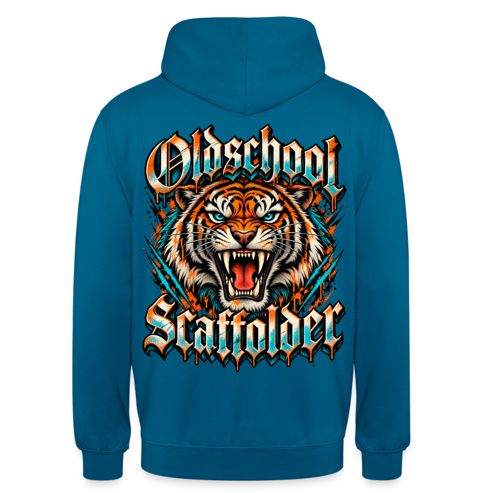 Oldschool Scaffolder – Gerüstbauer Hoodie in Tiefseeblau, Rückendruck: brüllender Tiger, Frakturschrift „Oldschool Scaffolder“