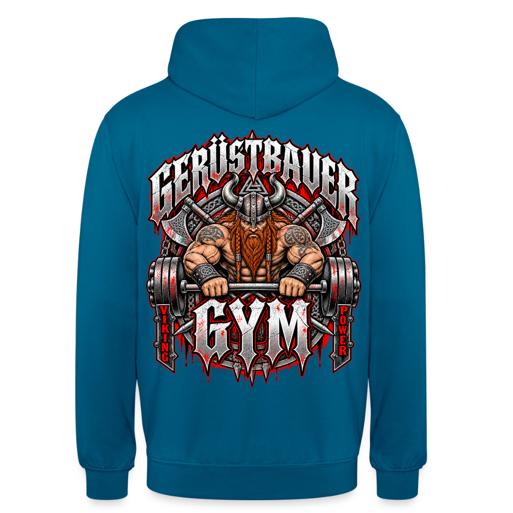 Gerüstbauer GYM – Gerüstbauer Hoodie in Tiefseeblau, Rückendruck: muskulöser Wikinger beim Hantelheben, Schriftzug „Gerüstbauer GYM – Viking Power“