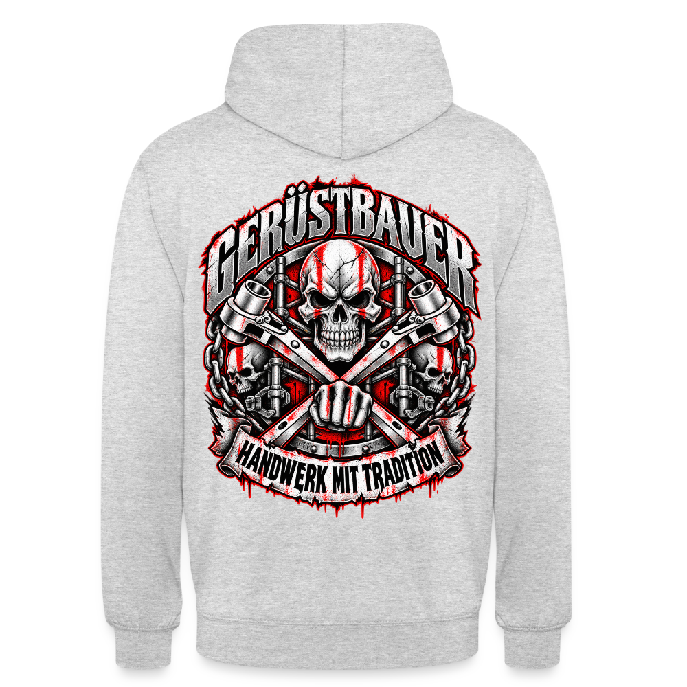 Gerüstbauer Schädel – Gerüstbauer Hoodie in Hellgrau meliert, Rückendruck: Totenkopf über gekreuzten Ratschen, Faust, Ketten und Banner „Handwerk mit Tradition“