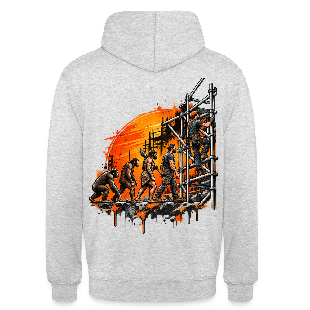 Gerüstbauer Evolution – Gerüstbauer Hoodie in Hellgrau meliert, Rückendruck: Evolution vom Affen zum Gerüstbauer, der das Gerüst hochklettert, vor orangem Sonnenuntergang