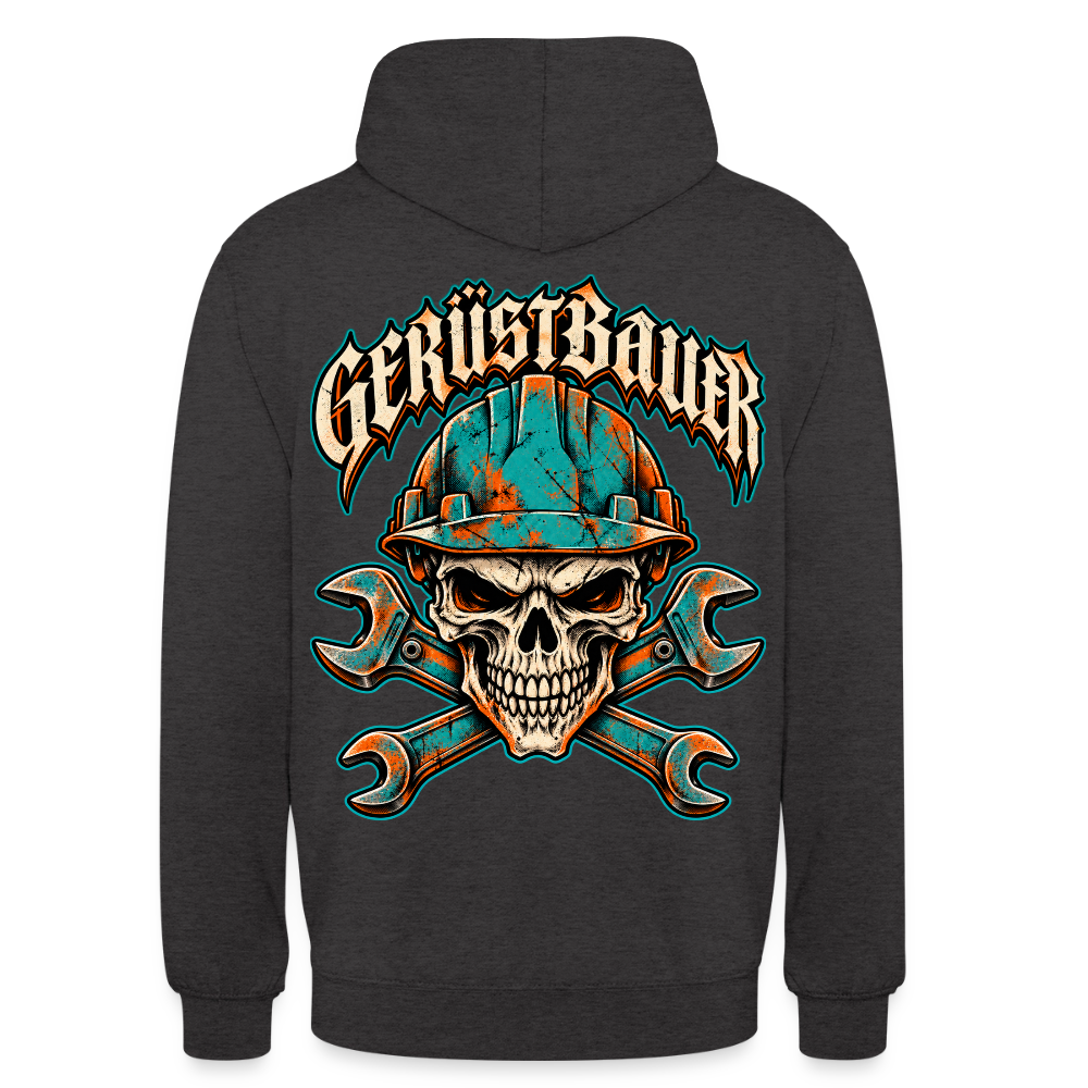 Gerüstbauer Skull – Gerüstbauer Hoodie in Anthrazit, Rückendruck: Totenkopf mit türkisem Schutzhelm über gekreuzten Maulschlüsseln, Frakturschrift „Gerüstbauer“