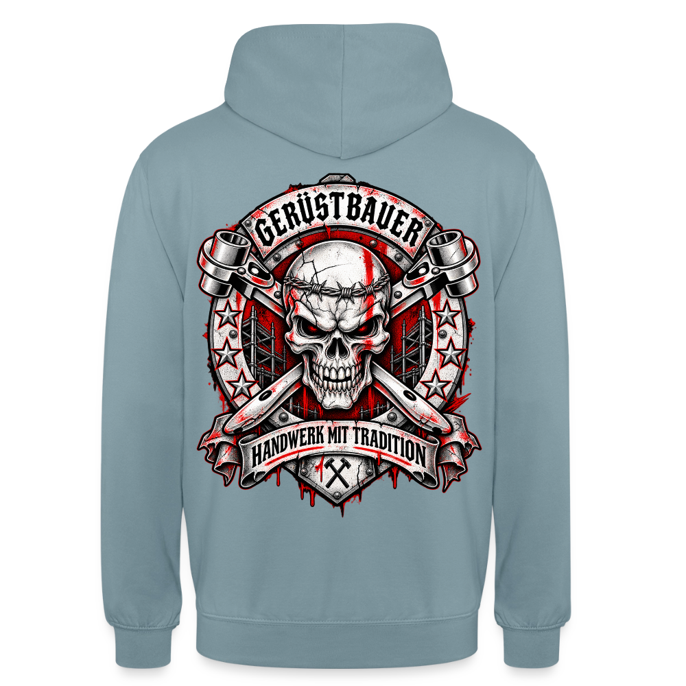 Gerüstbauer Traditions – Gerüstbauer Hoodie in Nebelblau, Rückendruck: Totenkopf-Wappen mit gekreuzten Ratschen, Sternen und Banner „Handwerk mit Tradition“