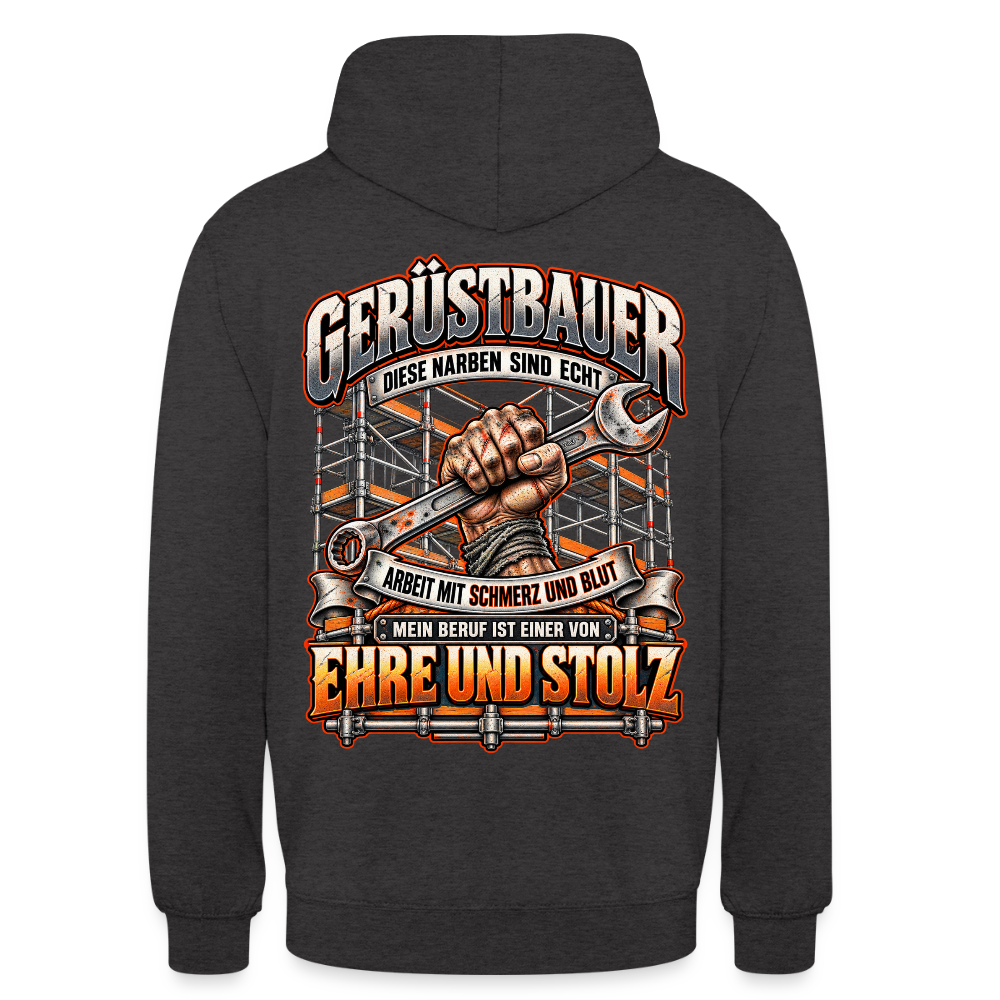 Gerüstbauer – Gerüstbauer Hoodie in Anthrazit, Rückendruck: Faust mit Ringschlüssel vor Gerüst, Spruch „Diese Narben sind echt – Ehre und Stolz“