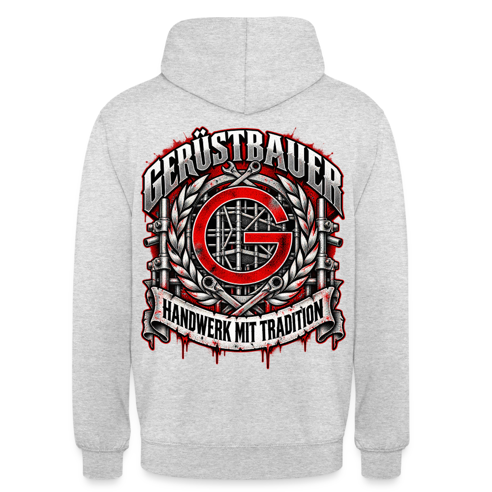 Gerüstbauer Zunftzeichen – Gerüstbauer Hoodie in Hellgrau meliert, Rückendruck: rotes G-Zunftzeichen mit Gerüst, Lorbeerkranz, Ratschen und Banner „Handwerk mit Tradition“
