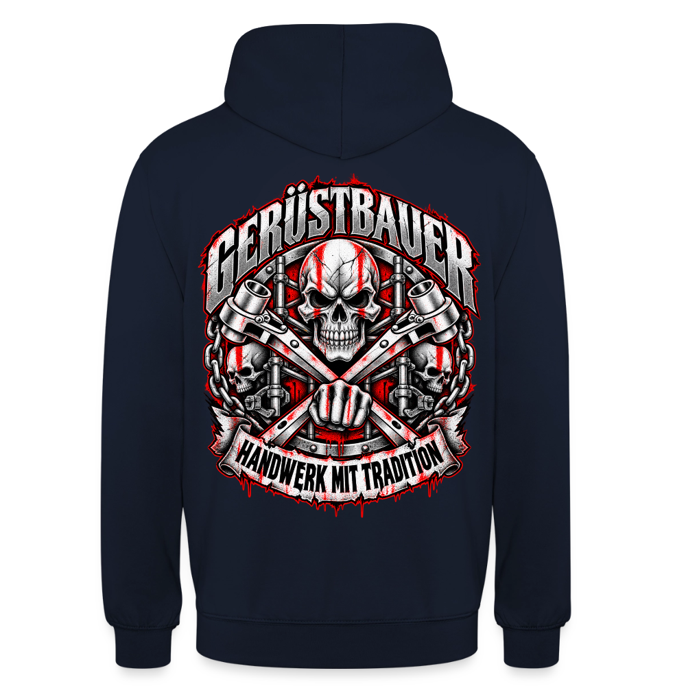Gerüstbauer Schädel – Gerüstbauer Hoodie in Navy, Rückendruck: Totenkopf über gekreuzten Ratschen, Faust, Ketten und Banner „Handwerk mit Tradition“
