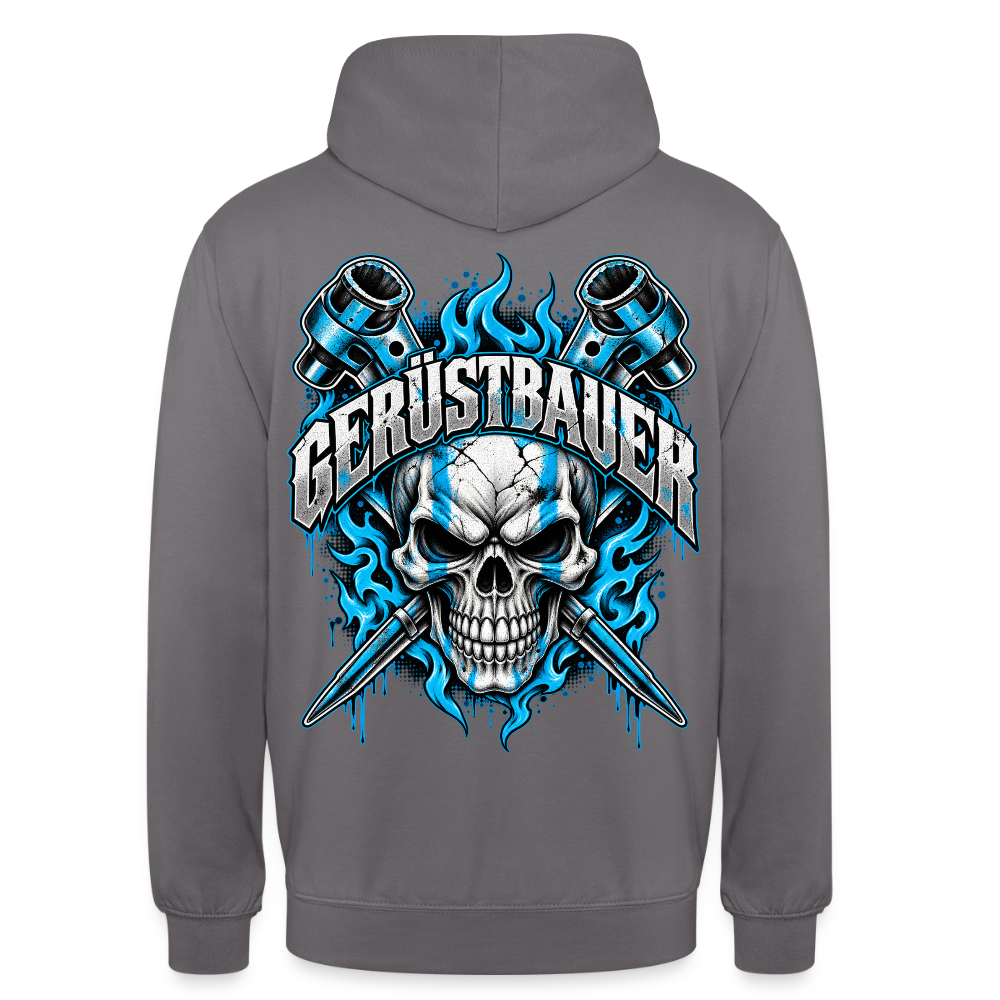 Gerüstbauer Ratsche Flamme – Gerüstbauer Hoodie in Mittelgrau, Rückendruck: Totenkopf mit gekreuzten Ratschen in blauen Flammen, Schriftzug „Gerüstbauer“
