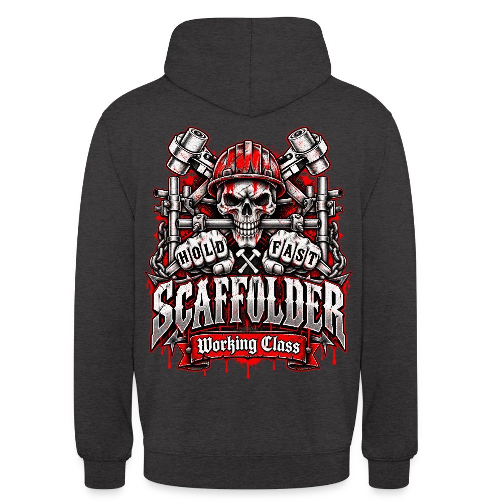 Scaffolder Hold Fast – Gerüstbauer Hoodie in Anthrazit, Rückendruck: Totenkopf mit rotem Helm und Gerüstrohr zwischen den Zähnen, Fäuste „Hold Fast“, Banner „Scaffolder – Working Class“