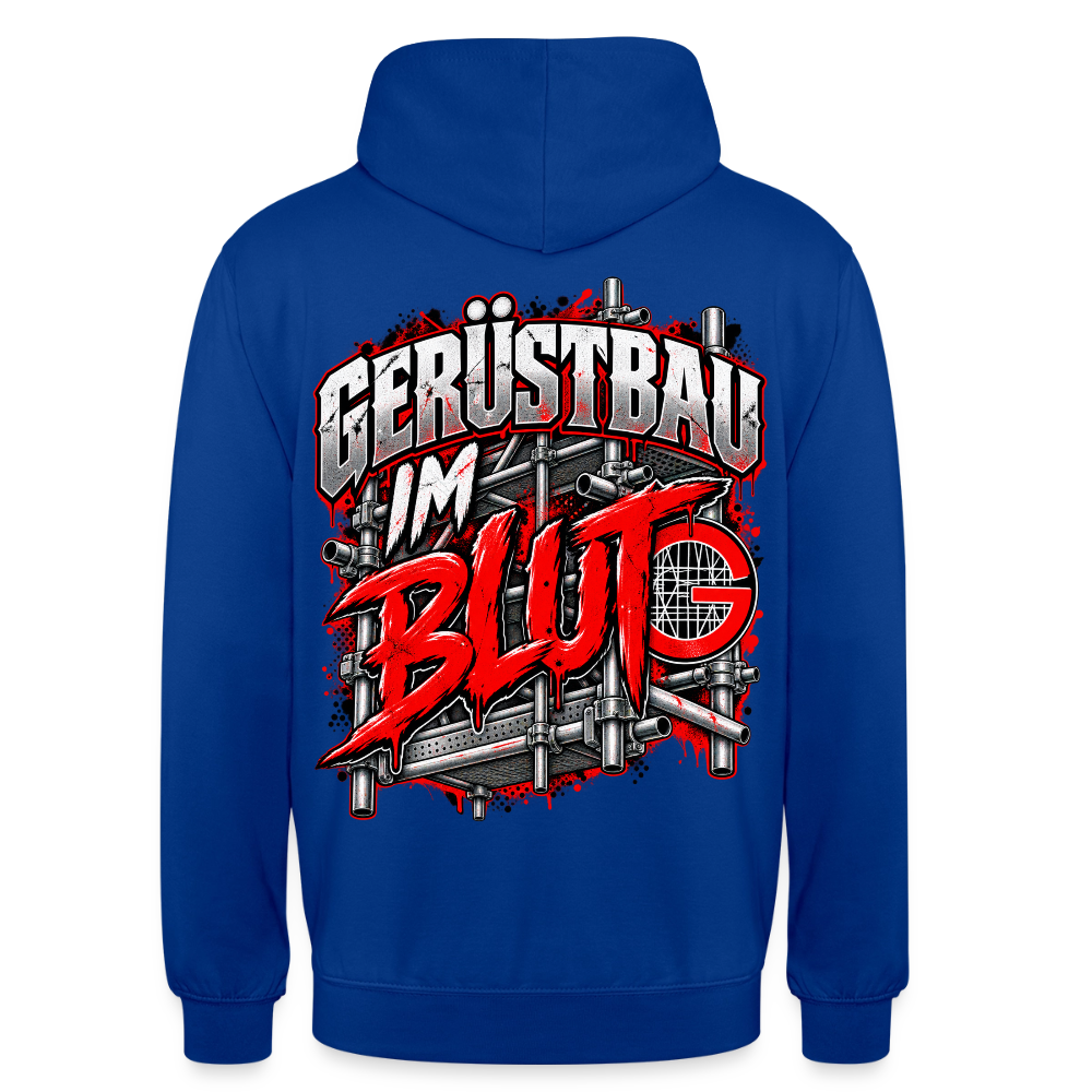 Gerüstbau im Blut – Gerüstbauer Hoodie in Royalblau, Rückendruck: Schriftzug „Gerüstbau im Blut“ vor Gerüst mit rotem G-Zunftzeichen
