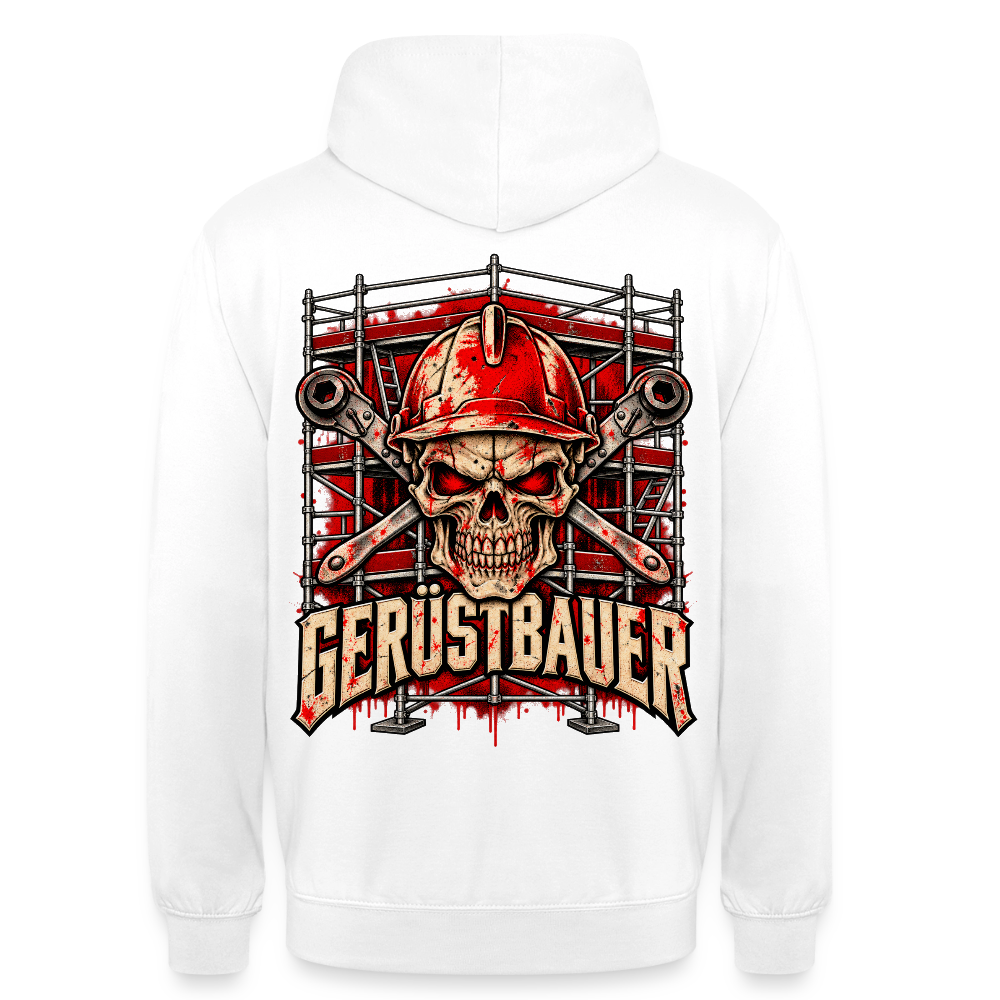 Gerüstbauer – Gerüstbauer Hoodie in Weiß, Rückendruck: Totenkopf mit rotem Schutzhelm vor gekreuzten Ringschlüsseln und Gerüst, Schriftzug „Gerüstbauer“
