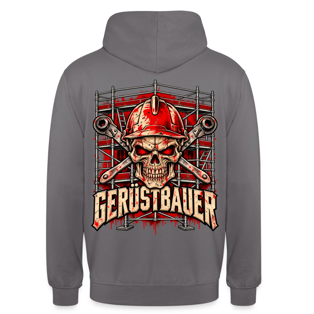 Gerüstbauer – Gerüstbauer Hoodie in Mittelgrau, Rückendruck: Totenkopf mit rotem Schutzhelm vor gekreuzten Ringschlüsseln und Gerüst, Schriftzug „Gerüstbauer“