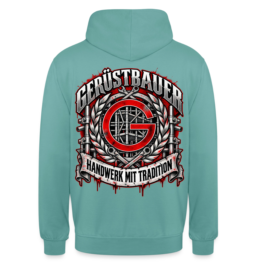 Gerüstbauer Zunftzeichen – Gerüstbauer Hoodie in Pastelltürkis, Rückendruck: rotes G-Zunftzeichen mit Gerüst, Lorbeerkranz, Ratschen und Banner „Handwerk mit Tradition“