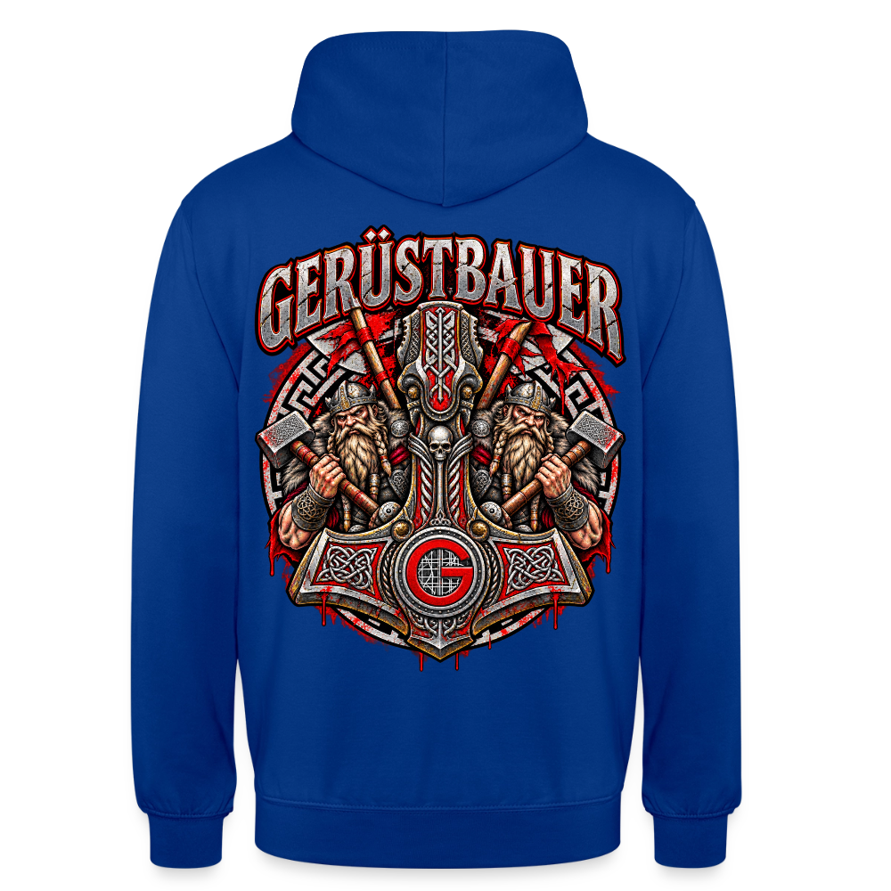 Gerüstbauer Thors Hammer – Gerüstbauer Hoodie in Royalblau, Rückendruck: Thors Hammer mit G-Zunftzeichen und zwei Wikingern, Schriftzug „Gerüstbauer“