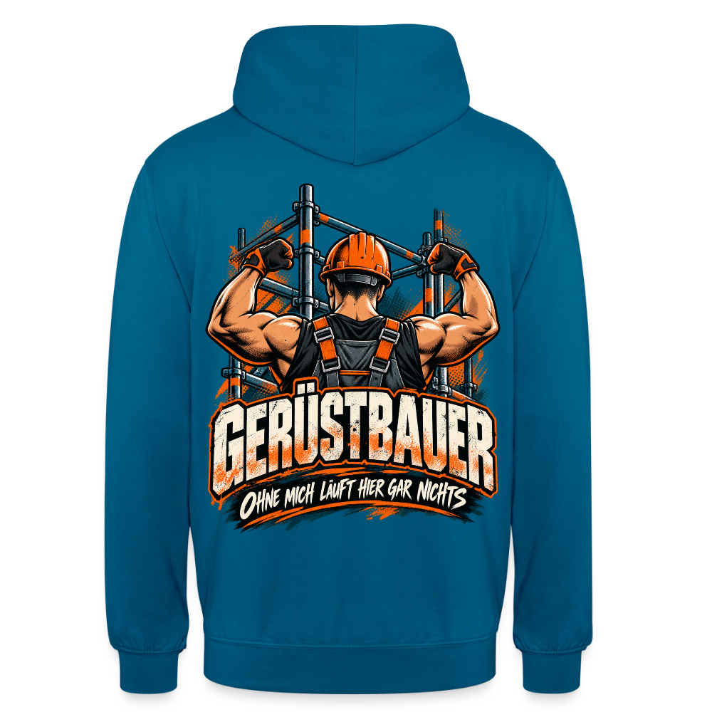 Gerüstbauer – Gerüstbauer Hoodie in Tiefseeblau, Rückendruck: muskulöser Gerüstbauer mit Helm vor dem Gerüst, Spruch „Ohne mich läuft hier gar nichts“