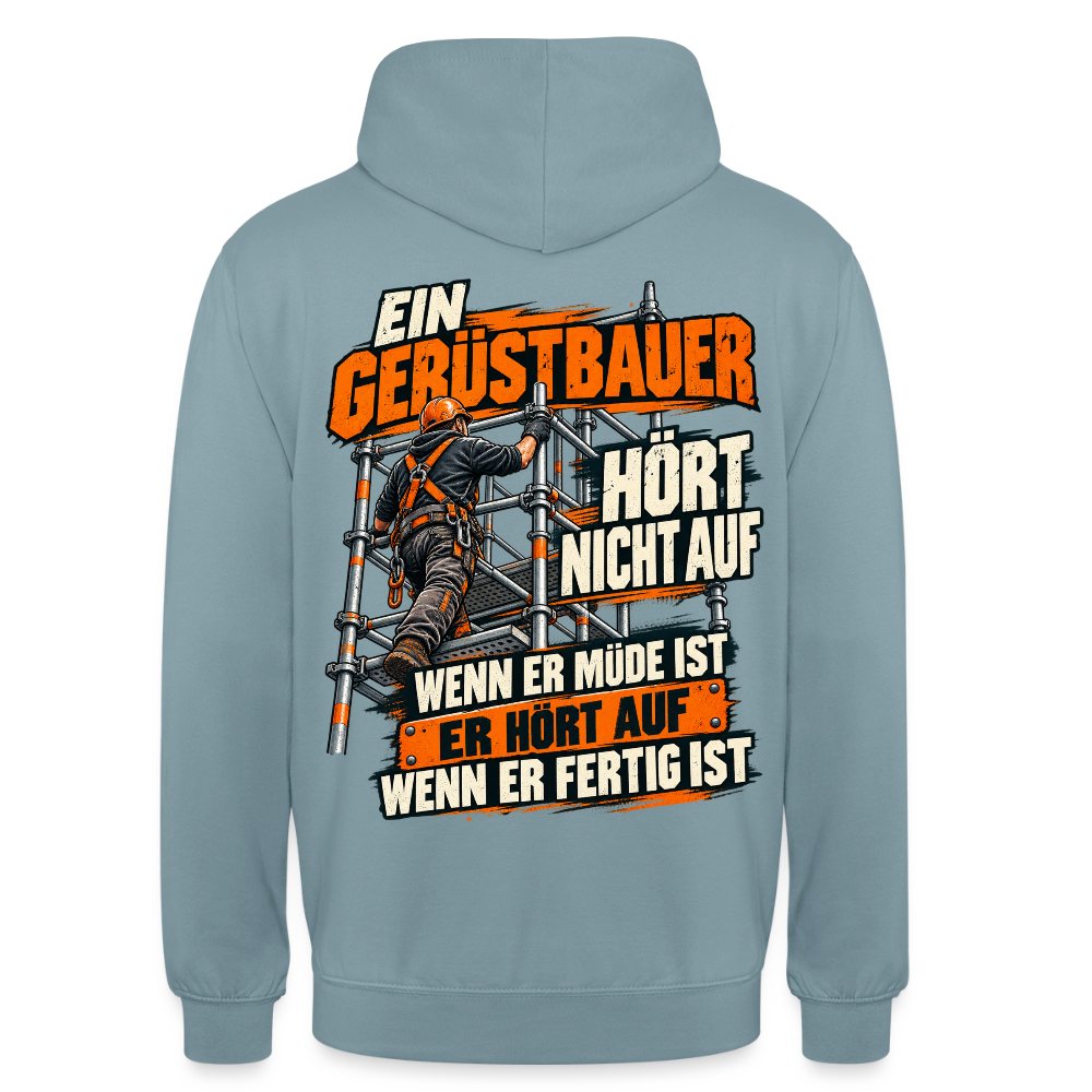 Ein Gerüstbauer hört nicht auf – Gerüstbauer Hoodie in Nebelblau, Rückendruck: Gerüstbauer klettert das Gerüst hoch, Spruch „Ein Gerüstbauer hört nicht auf, wenn er müde ist – er hört auf, wenn er fertig ist“