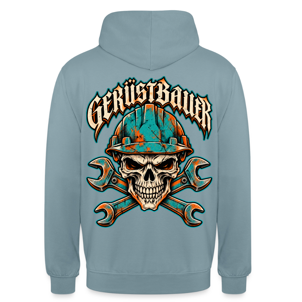 Gerüstbauer Skull – Gerüstbauer Hoodie in Nebelblau, Rückendruck: Totenkopf mit türkisem Schutzhelm über gekreuzten Maulschlüsseln, Frakturschrift „Gerüstbauer“