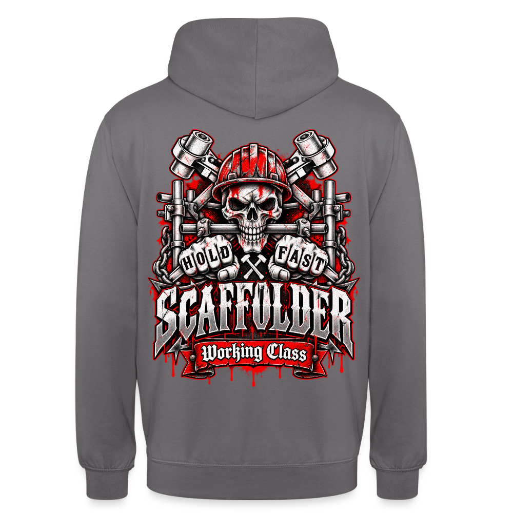 Scaffolder Hold Fast – Gerüstbauer Hoodie in Mittelgrau, Rückendruck: Totenkopf mit rotem Helm und Gerüstrohr zwischen den Zähnen, Fäuste „Hold Fast“, Banner „Scaffolder – Working Class“