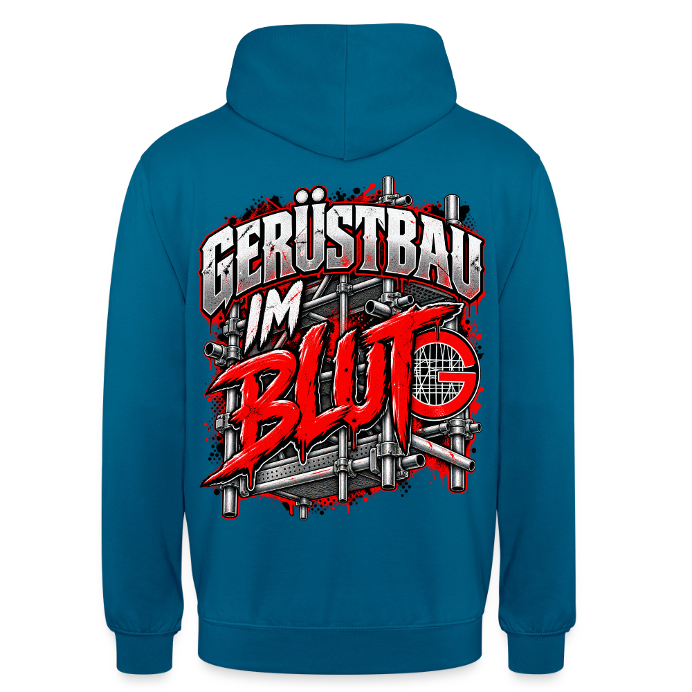 Gerüstbau im Blut – Gerüstbauer Hoodie in Tiefseeblau, Rückendruck: Schriftzug „Gerüstbau im Blut“ vor Gerüst mit rotem G-Zunftzeichen