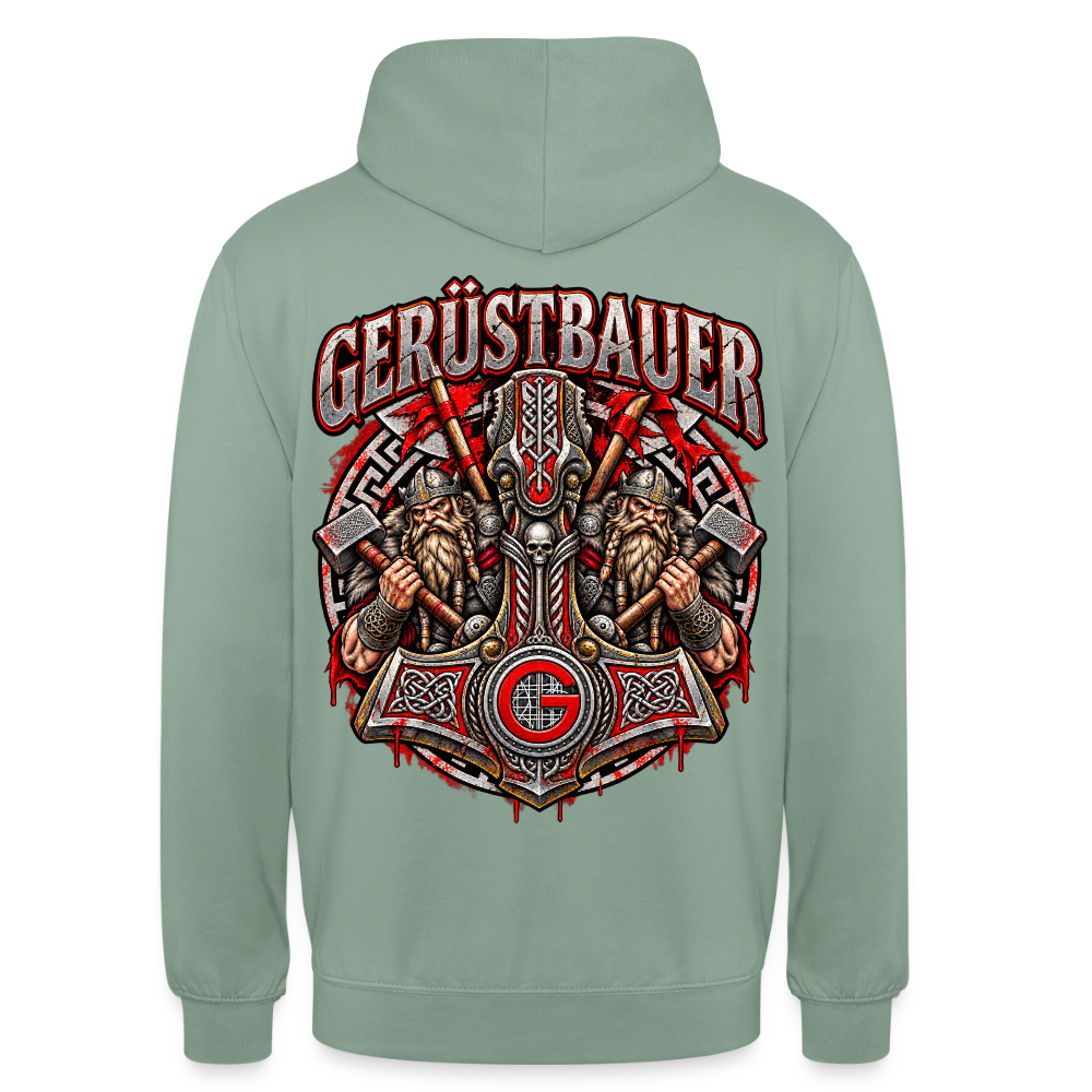 Gerüstbauer Thors Hammer – Gerüstbauer Hoodie in Graugrün, Rückendruck: Thors Hammer mit G-Zunftzeichen und zwei Wikingern, Schriftzug „Gerüstbauer“