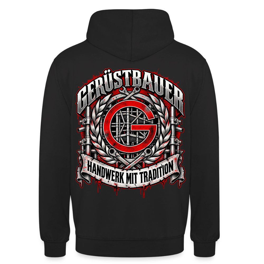 Gerüstbauer Zunftzeichen – Gerüstbauer Hoodie in Schwarz, Rückendruck: rotes G-Zunftzeichen mit Gerüst, Lorbeerkranz, Ratschen und Banner „Handwerk mit Tradition“