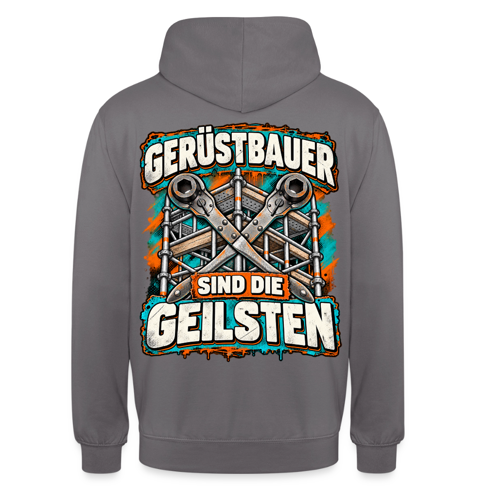 Gerüstbauer sind die Geilsten – Gerüstbauer Hoodie in Mittelgrau, Rückendruck: Spruch „Gerüstbauer sind die Geilsten“ mit gekreuzten Ratschen vor Gerüst