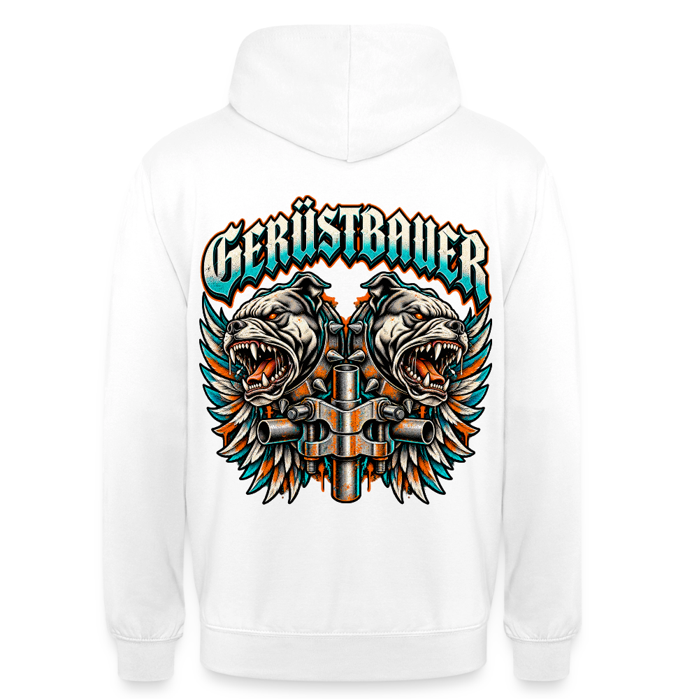 Gerüstbauer Dogs – Gerüstbauer Hoodie in Weiß, Rückendruck: zwei knurrende Bulldoggen mit Flügeln und Gerüstkupplung, Schriftzug „Gerüstbauer“