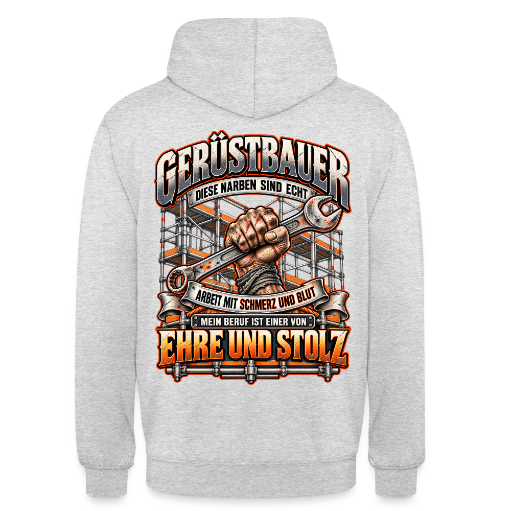 Gerüstbauer – Gerüstbauer Hoodie in Hellgrau meliert, Rückendruck: Faust mit Ringschlüssel vor Gerüst, Spruch „Diese Narben sind echt – Ehre und Stolz“