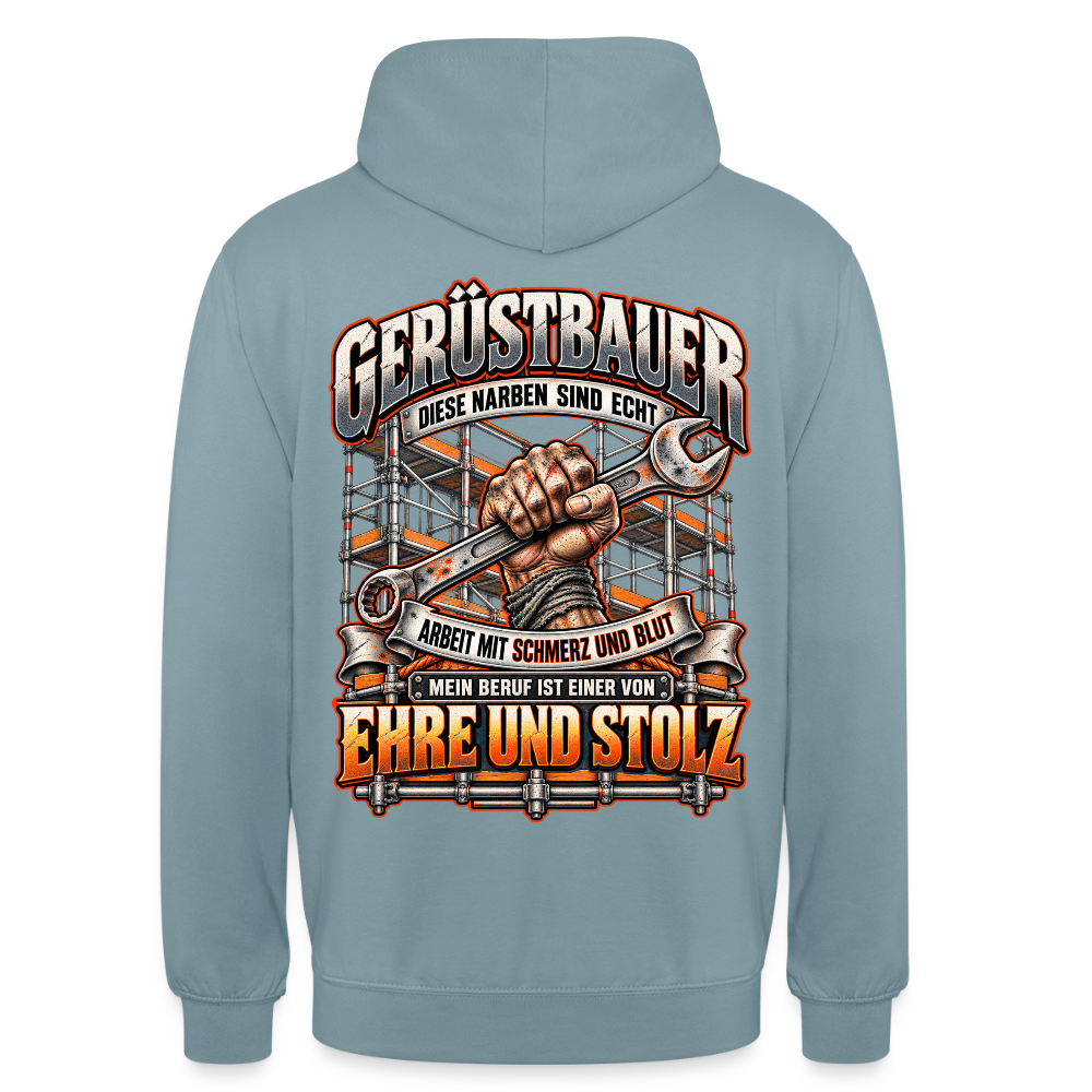 Gerüstbauer – Gerüstbauer Hoodie in Nebelblau, Rückendruck: Faust mit Ringschlüssel vor Gerüst, Spruch „Diese Narben sind echt – Ehre und Stolz“