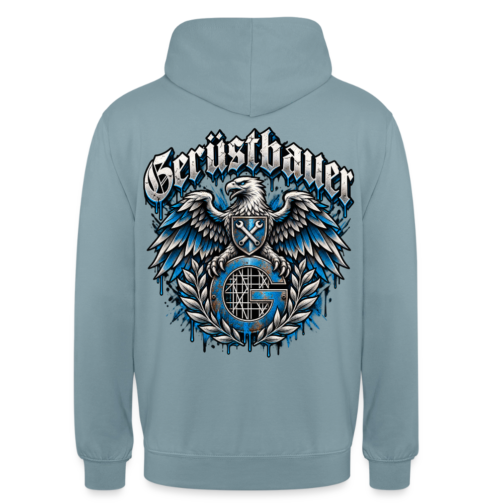 Gerüstbauer Adler Zunftwappen – Gerüstbauer Hoodie in Nebelblau, Rückendruck: Adler mit Wappenschild über blauem G-Zunftzeichen und Lorbeerkranz, Frakturschrift „Gerüstbauer“