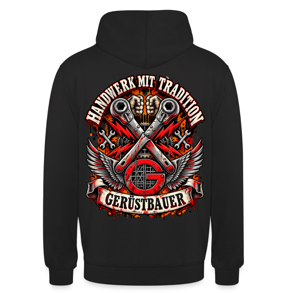 Gerüstbauer Handwerk mit Tradition – Gerüstbauer Hoodie in Schwarz, Rückendruck: gekreuzte Ratschen mit Flügeln über rotem G-Zunftzeichen, Schriftzug „Handwerk mit Tradition“ und Banner „Gerüstbauer“