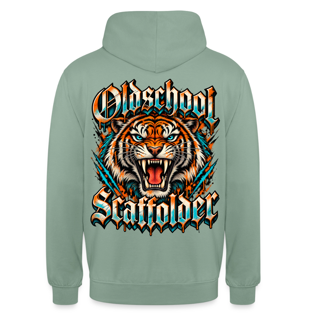 Oldschool Scaffolder – Gerüstbauer Hoodie in Graugrün, Rückendruck: brüllender Tiger, Frakturschrift „Oldschool Scaffolder“