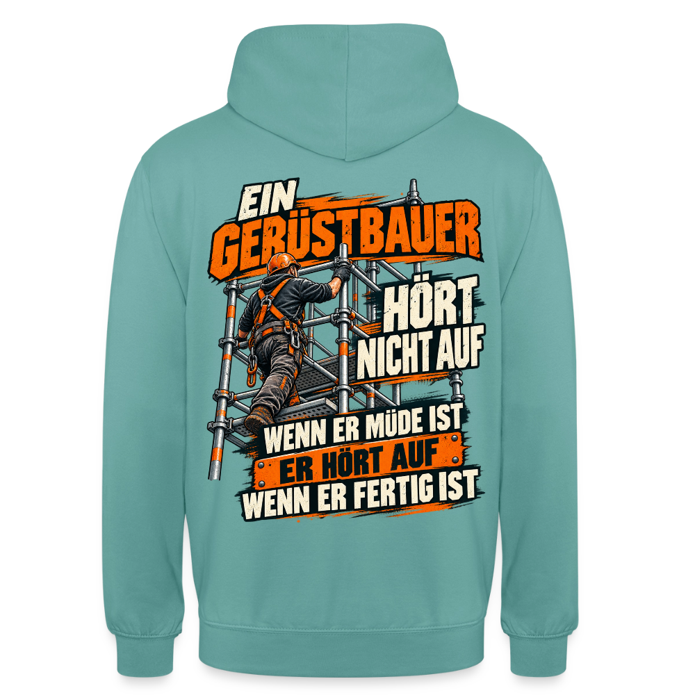 Ein Gerüstbauer hört nicht auf – Gerüstbauer Hoodie in Pastelltürkis, Rückendruck: Gerüstbauer klettert das Gerüst hoch, Spruch „Ein Gerüstbauer hört nicht auf, wenn er müde ist – er hört auf, wenn er fertig ist“