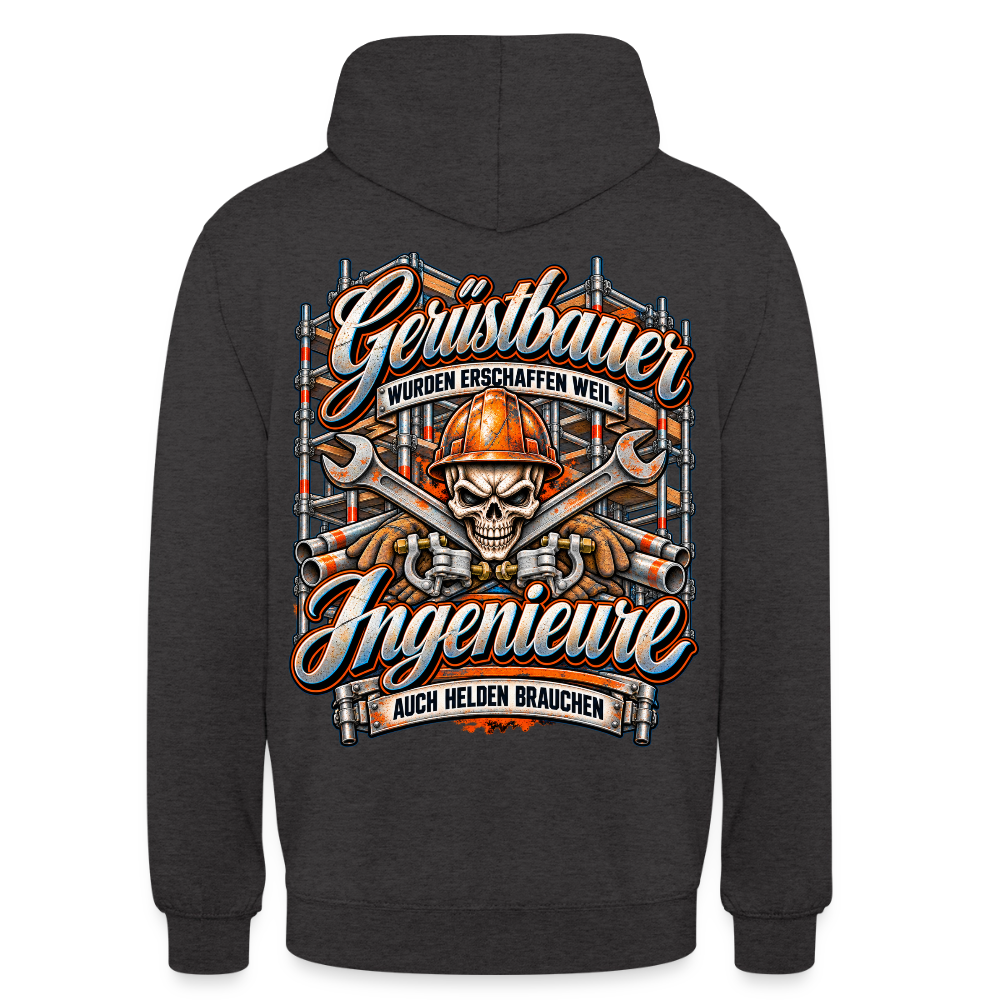 Gerüstbauer und Ingenieure – Gerüstbauer Hoodie in Anthrazit, Rückendruck: Totenkopf mit Helm vor gekreuzten Schlüsseln, Spruch „Gerüstbauer wurden erschaffen, weil Ingenieure auch Helden brauchen“